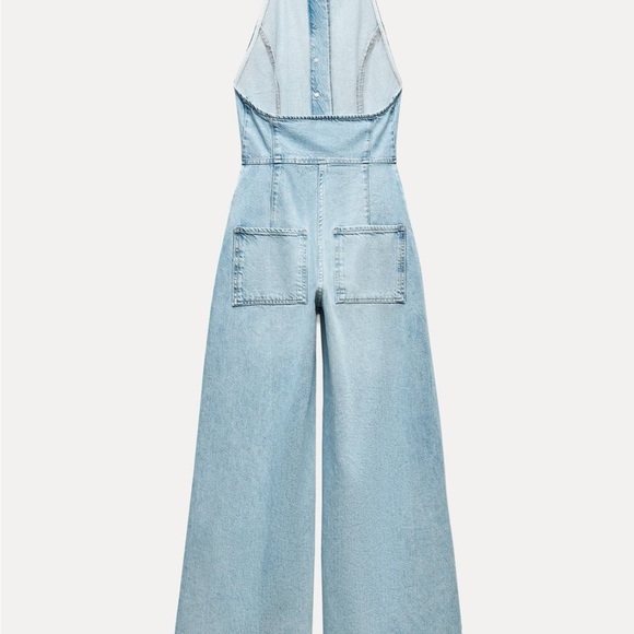 zara small Light Blue Denim Halter Jumpsuit - Picture 3 of 12